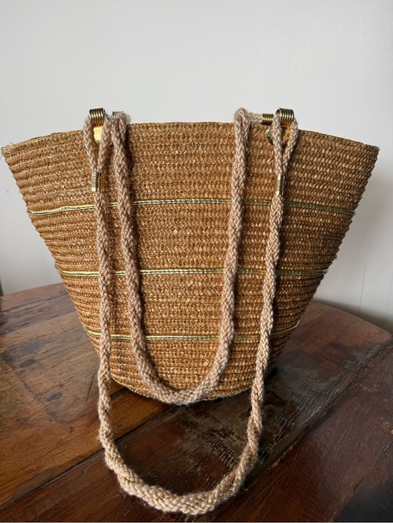 Handbags - Vintage Straw Tote Bag Gold Trim Coastal Resort Boho Woven Shoulder Purse